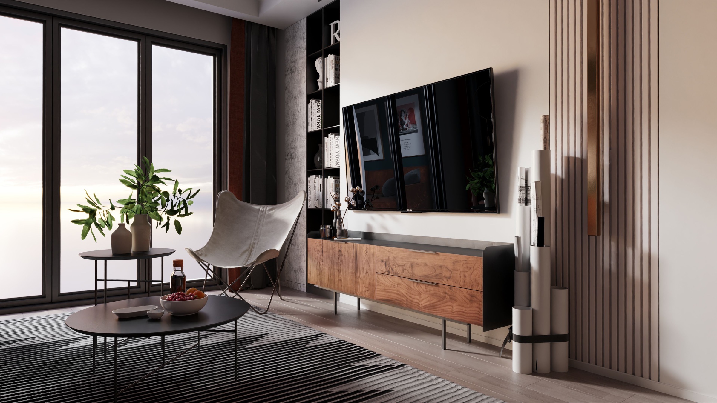 Custom entertainment unit with wood cabinetry and slat wall details